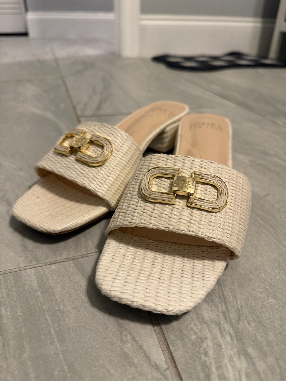 Jones New York Cream Woven Slide Mules with Gold Buckle